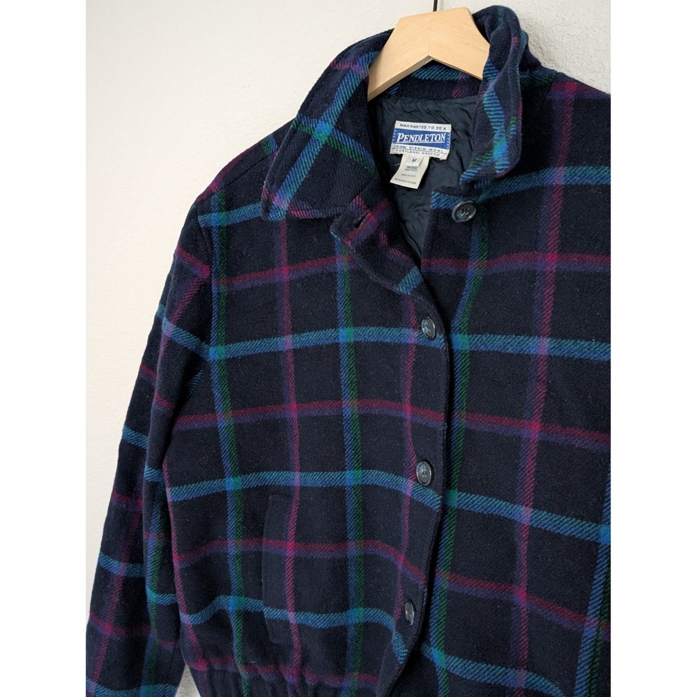 Pendleton Wool Bomber Jacket Navy Blue Plaid Button Up Vintage Womens M - Picture 2 of 7